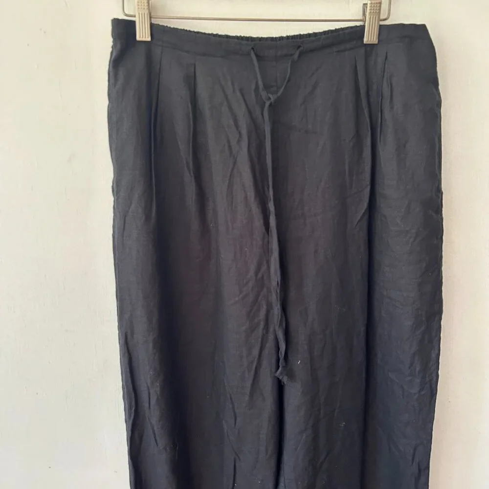 Valerie‎ Stevens Linen Pants Womens Large Black Pockets Tie Waist Minimalist